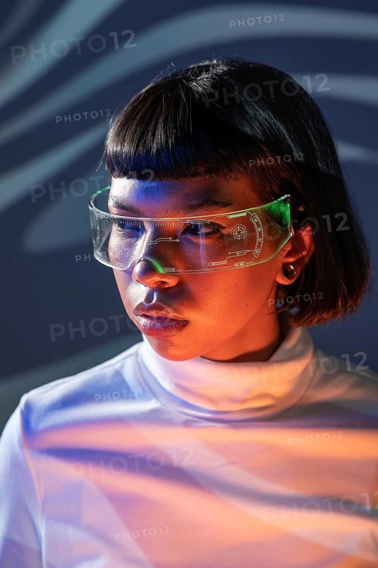 A Latin woman explores an immersive digital realm using innovative virtual reality glasses, wearing a white turtleneck with atmospheric neon lighting in the background