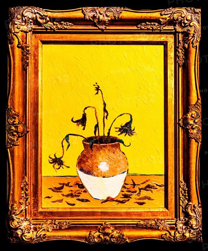 Banksy - Sunflowers from a Petrol Station, Crude Oils, quote from Van Gogh's Sunflowers as a reflection on transience, 2005, exhibition The World of Banksy