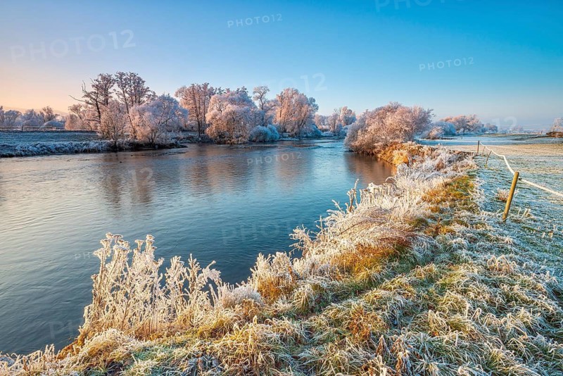 Landscape on the river Eder in winter, trees, reeds and meadow covered with hoarfrost, near Bad Wildungen, Hesse, Germany