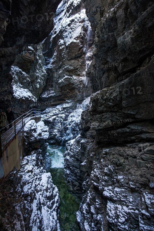 Winter, snowy landscape, river Breitach and hiking trail through the Breitachklamm gorge near Oberstdorf, Oberallgäu, Allgäu, Bavaria, Germany