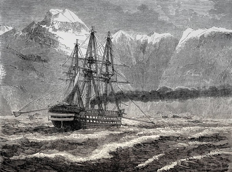 The French ship Bayard which maneuvers with its provisional devices without oars, Strait of Magellan, 1863