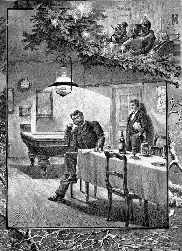 Alone on Christmas Eve, father and son have to celebrate without the family and sit sadly in the living room, illustration, reproduction from a 19th-century model. Authentic, file restored for optimal use, exact date of original unknown, historical, Christmassy decorated room with family and festive tree, nostalgic atmosphere