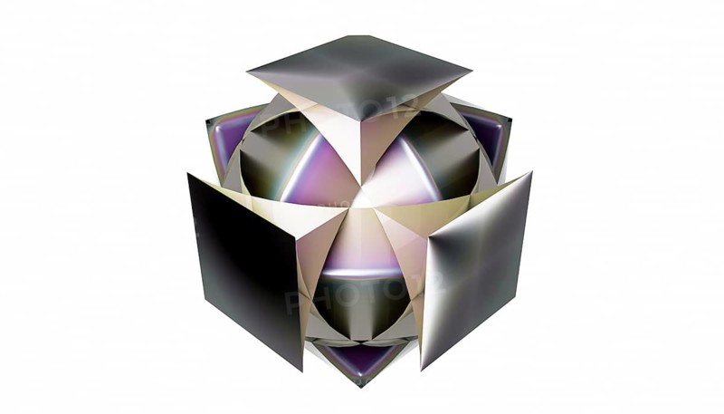 Intricate abstract 3D geometric metallic shape with a reflective surface, featuring soft transitions of light and color, creating an illusion of depth and dimensionality