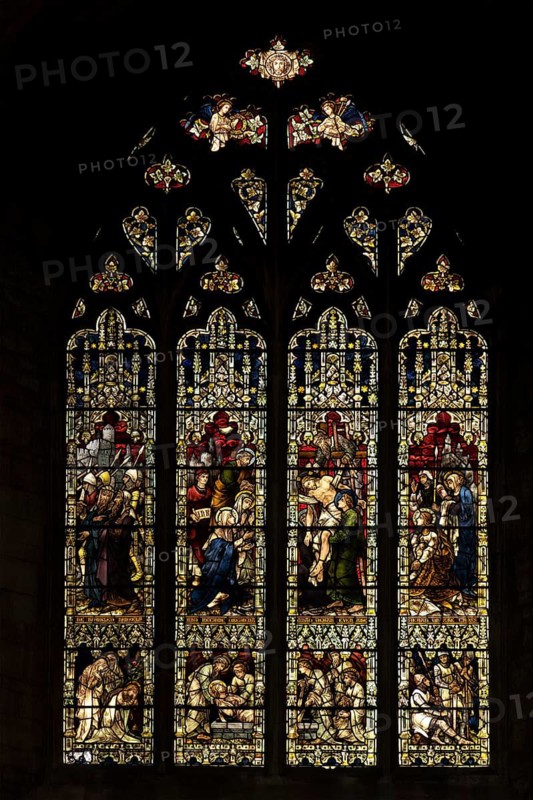 Stained glass window, former abbey church, Tewkesbury, Gloucestershire, England, United Kingdom
