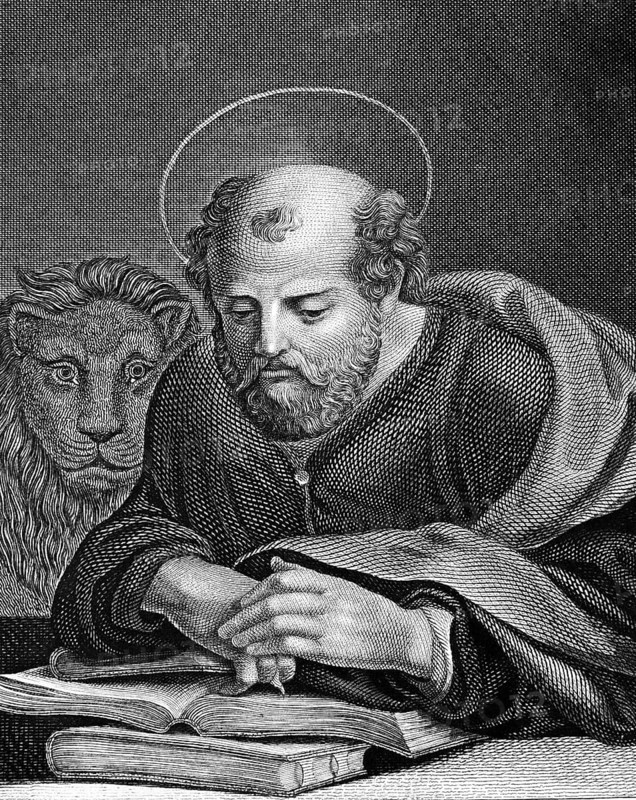 Portrait of St Mark, Evengelist Marcus, saints, lion, reading, bible, historical illustration 1854