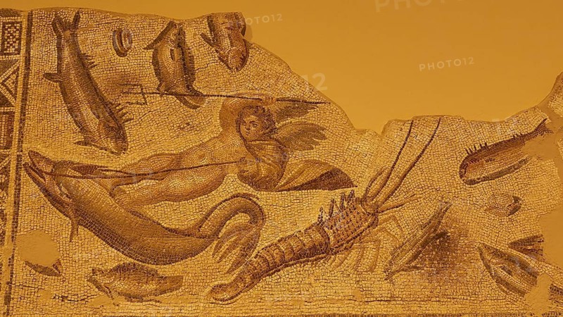 Ancient mosaic with mythological figure and various fish and marine animals in pale shades of orange, Patras Archaeological Museum, Patras, Peloponnese, Greece