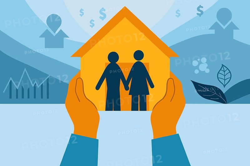 Two figures hold a house icon in their hands, symbolizing home ownership. Surrounding them are graphics representing financial growth, investments, and real estate trends