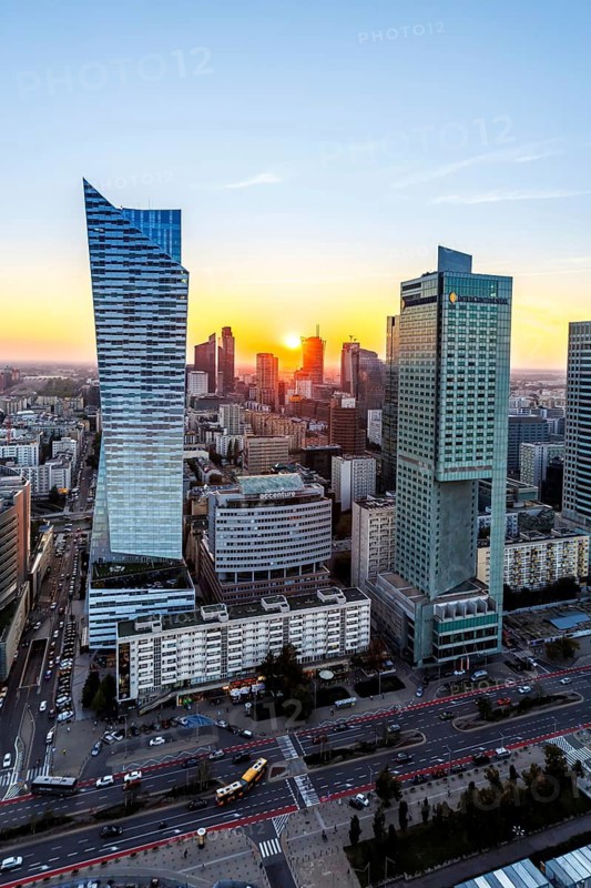 Warsaw skyline high-rise properties in the city centre at sunset in Warsaw, Poland
