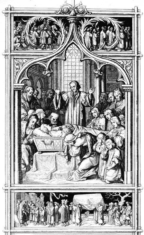 Martin Luther's death (above) and burial (below) in 1546, mourning, coffin, tears, crying, many people, Prietser, church, interior, mourners, funeral procession, castle, flags, ornaments, religion, Protestantism, 16th century, historical illustration c. 1860