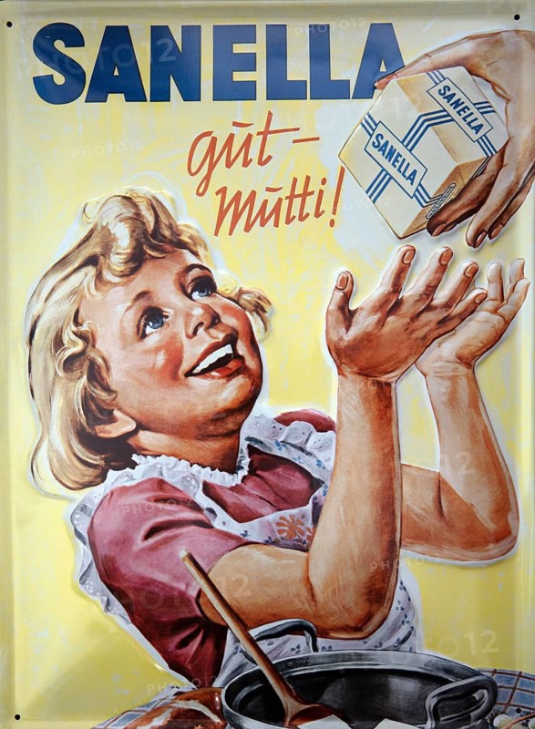Sign, signs, tin signs, advertising signs, advertisement, nostalgia, old, old, advertising signs, product advertising, company logo, company, company, trademark, collection, margarine, Sanella, margarine advertising, Lower Saxony, Federal Republic of Germany
