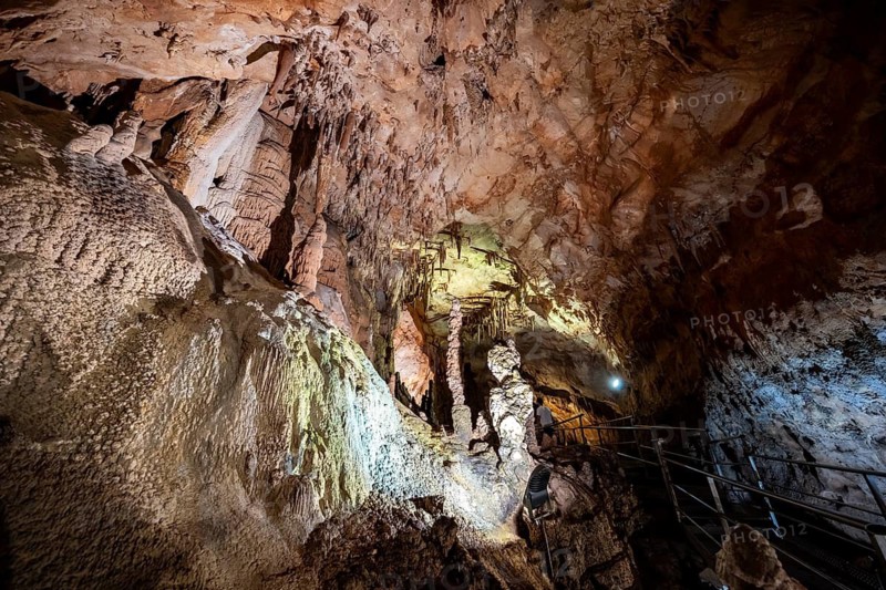 Stalactites and stalagmites, rock formations in a stalactite cave, Grotta del Fico, Gulf of Orosei, Baunei, Sardinia, Italy