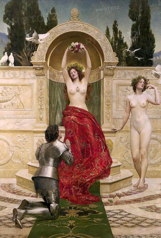 John Collier (born 28 January 1850 in London, died 11 April 1934), British writer and painter in the Pre-Raphaelite style, here his work: Tannhäuser en el Venusberg (1901), A knight kneels in front of a woman in antique dress holding a flower over her head