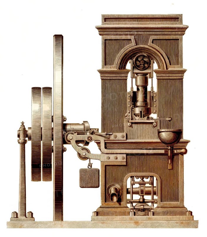 Historical illustration, 19th Century, machine for coin production, Thonnelier level coin press, toggle-lever press, Presse Monétaire or Uhlhorn Press
