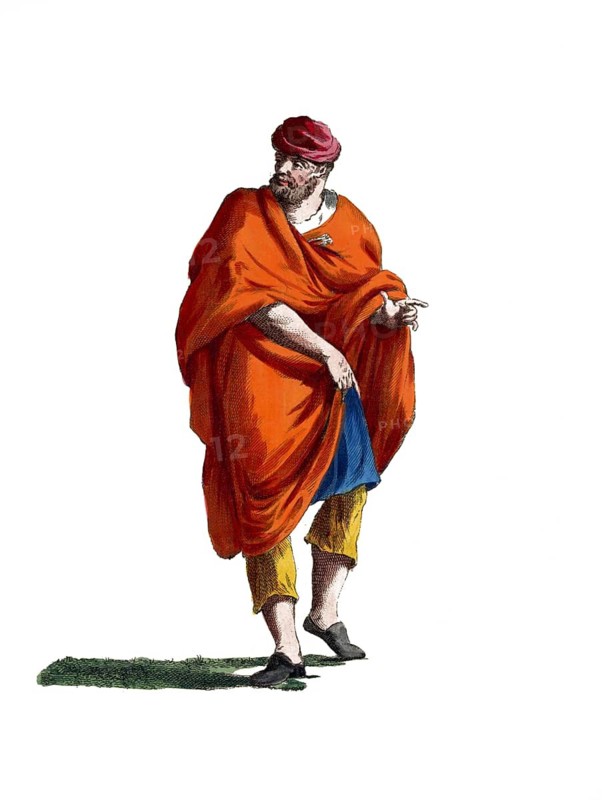 Historical clothing, fashion over time, summer dress of a Moor of Morocco, 1695, digitally restored reproduction of an 18th/19th century model, exact date unknown, man in red cloak and yellow trousers with headdress