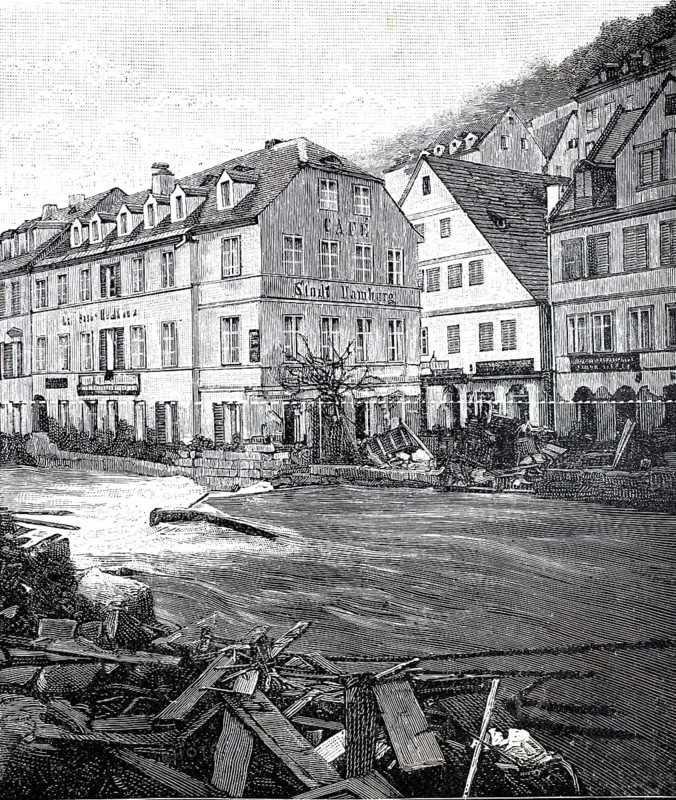 Flooding, flood disaster in Karlsbad due to the Tepl River, November 1896, here the house Zur Stadt Hamburg, the dotted line shows the highest water level, illustration, reproduction from a 19th-century model. Authentic, file restored for optimal use, exact date of original unknown, historical, scene of an urban area with several buildings along a river and some flotsam