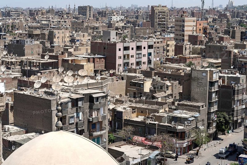 Cairo, Egypt. April 16th 2025. Aerial rooftop view of the densely populated Egyptian capital city Cairo, a sprawling metropolis beside the River Nile in North Africa