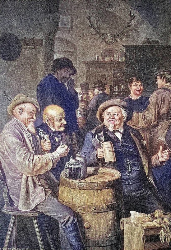 Men drinking beer in an inn, Bavaria, Germany, coloured wood engraving, Reproduction of an original from ca 1888, Historical, Cheerful men drinking and chatting in an inn with rustic charm