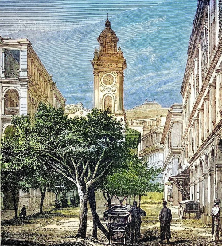 Street scene, Hong Kong, coloured wood engraving, reproduction of an original from c. 1888, historical, city view with church tower, historical buildings, trees and people on the street