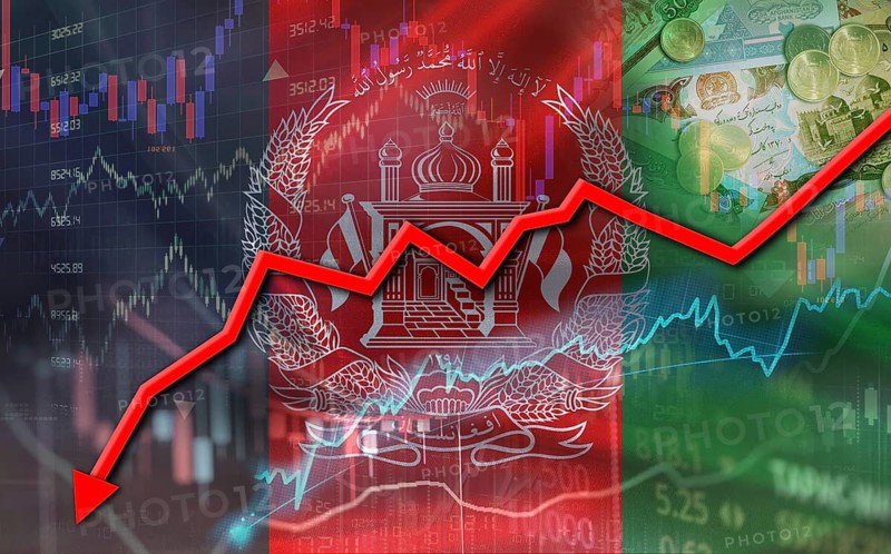 Afghanistan financial fall on economy market. Afghan financial crisis on economic graph