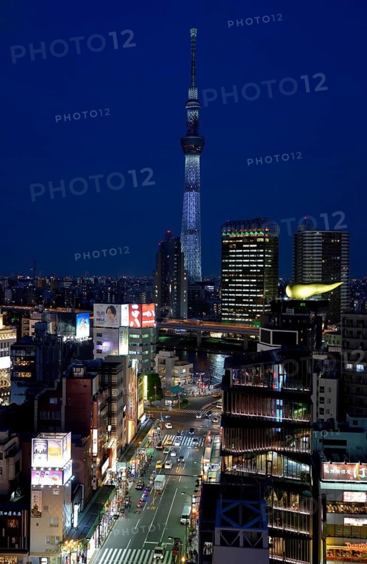 City view with the Skytree, with 634 meters the highest television tower of the earth, blue hour, Tokyo, Japan