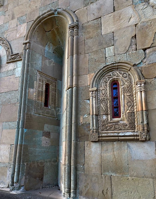Decorative window and decorative wall niche at the main church in the Betania Monastery of the Nativity of the Holy Mother of God, Kvesseti, Georgia