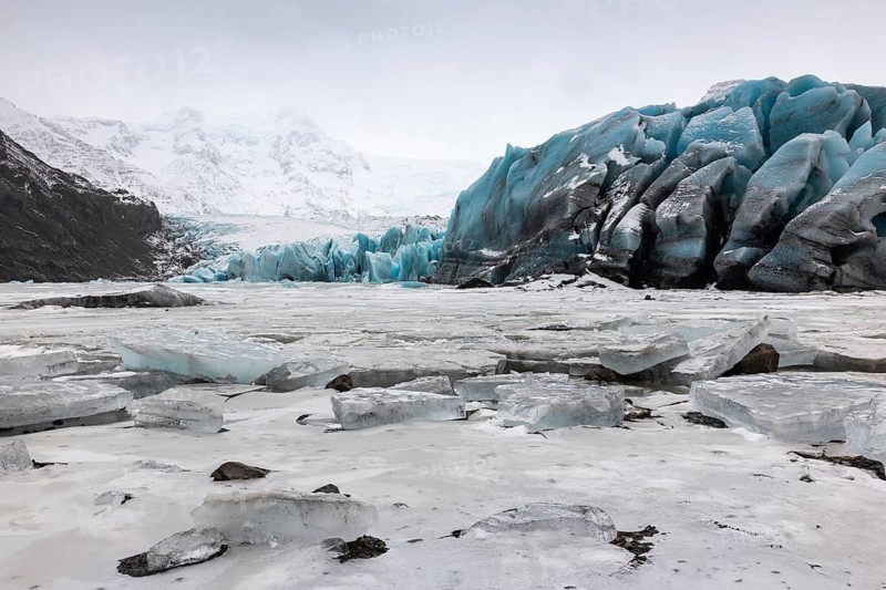 Glacier lagoon, glacier ice, forged glacial lake, mountain, snow, winter, Svinafellsjökull, Breiðamerkurjökull, Vatnajökull, Iceland, Scandinavia