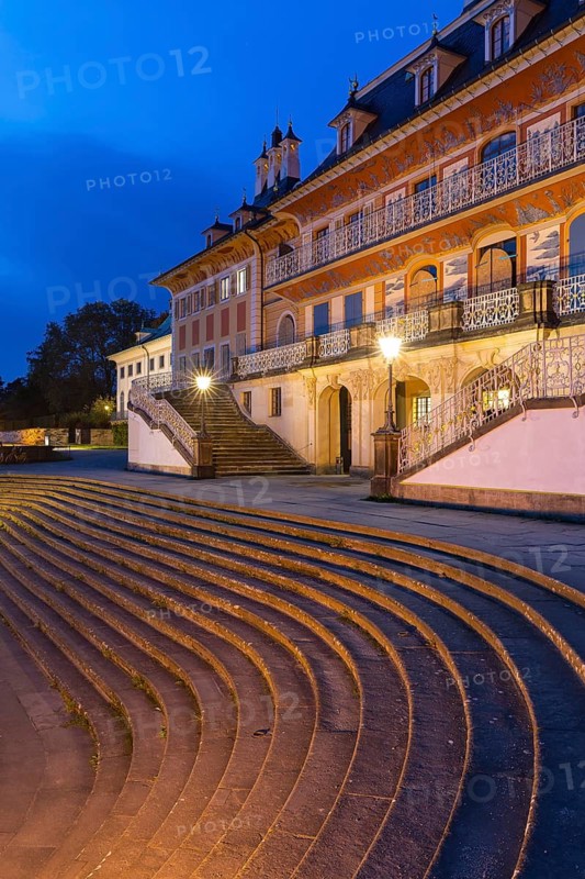Staircase to the Elbe at the Water Palace of Pillnitz Castle at dusk, Dresden, Saxony, Germany