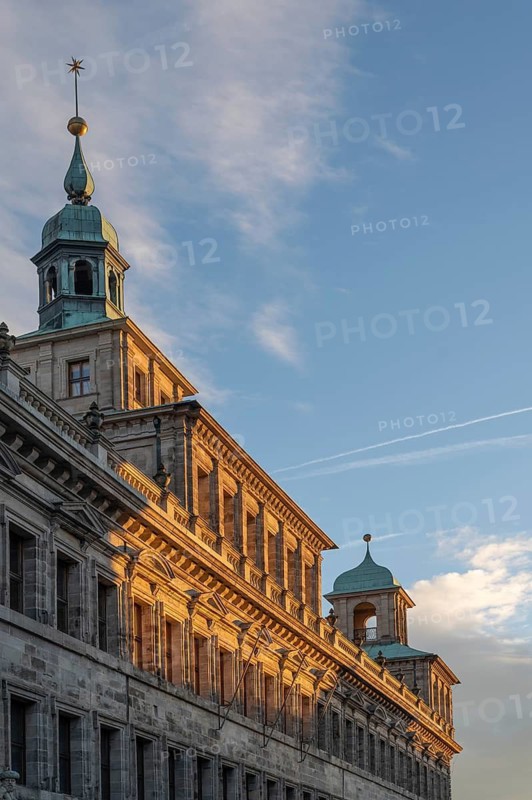 Detailed view of the facade of the historic Wolf Town Hall in the evening light, Nuremberg, Middle Franconia, Bavaria, Germany