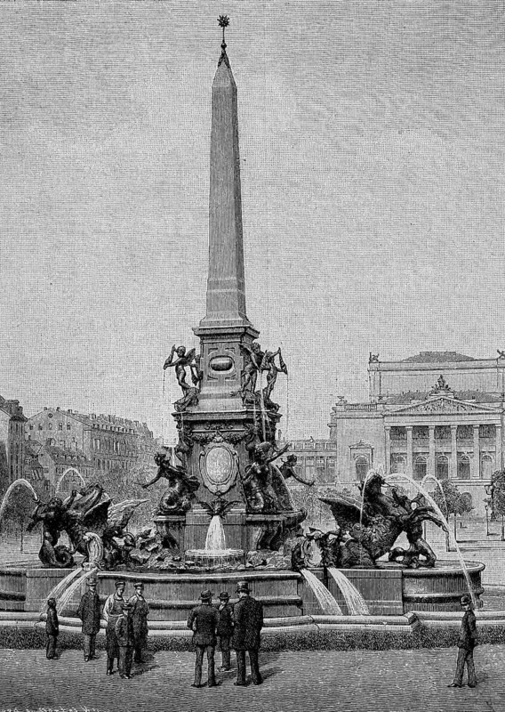 The Mende Fountain on Augustus Square in Leipzig, Germany, in 1887, Historical, digital reproduction of an original 19th century artwork