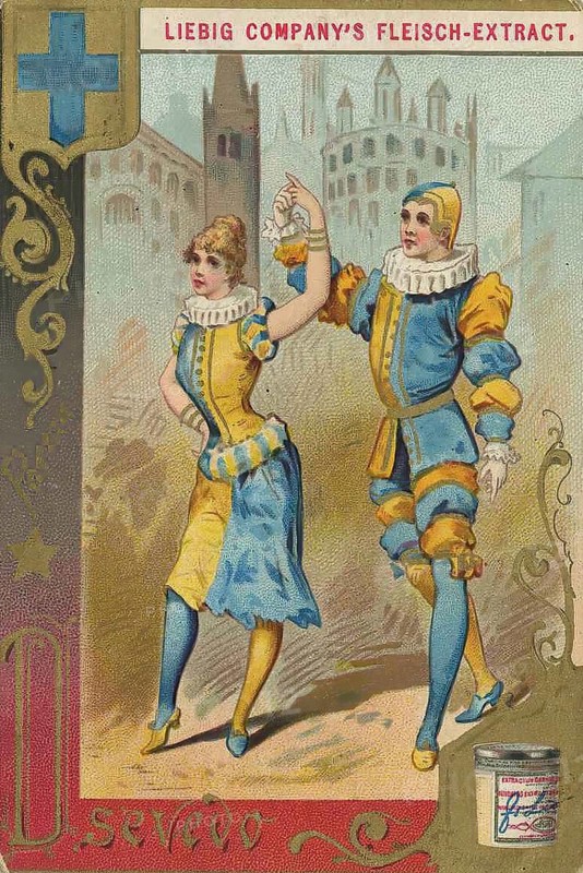 Series Figure in the Roman cultural landscape, D'Sevedo, Liebig picture, digitally restored reproduction of a collector's picture from ca 1900, public domain, exact date unknown, A dancing couple in historical costumes in front of a city backdrop