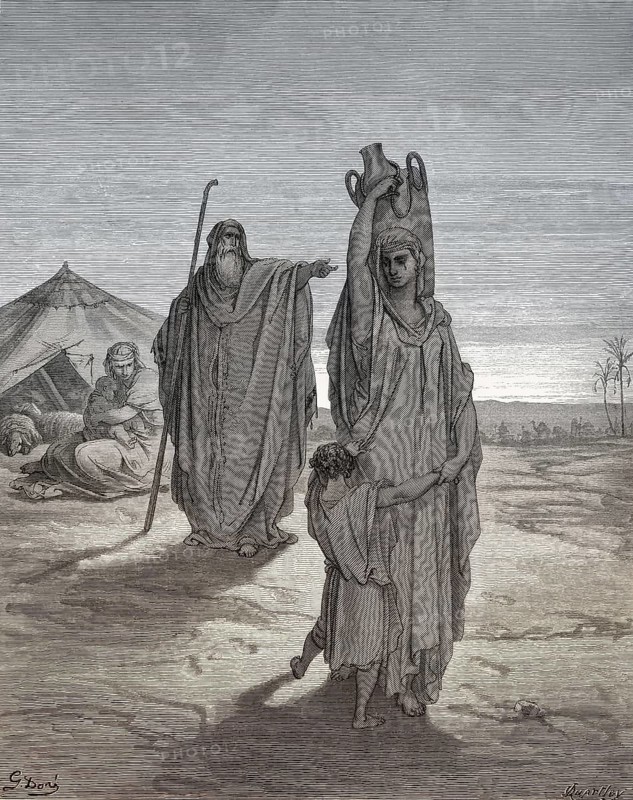 Abraham Sends Hagar and Ishmael Away, Old Testament, woodcut by Gustave Doré