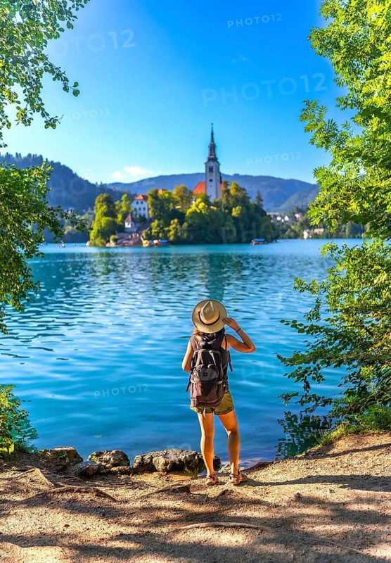 Female tourist wearing backpack and straw hat admiring the pilgrimage church of the assumption of maria on bled island in the julian alps, slovenia