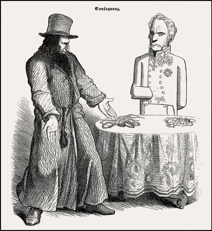 Antisemitic caricature on the inconsistent state morality, revolution, 1848/49, Germany
