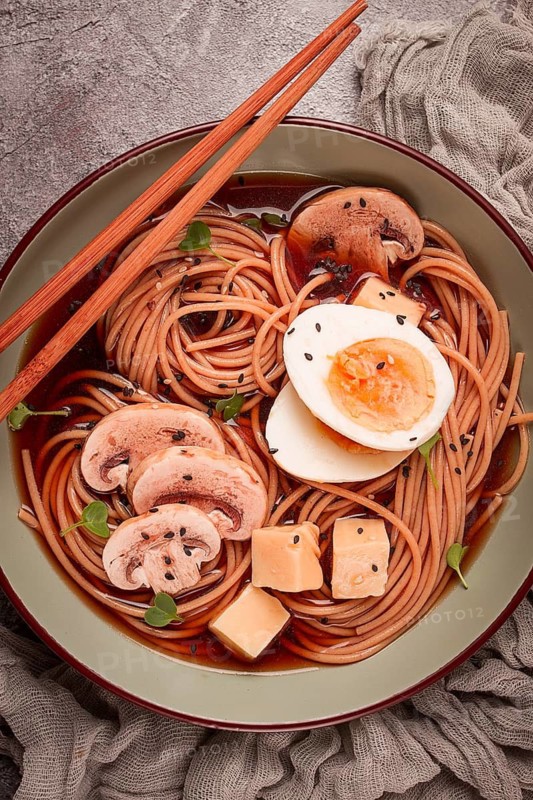 Asian soba soup, with mushrooms and egg, cheese, sesame seeds, homemade, no people