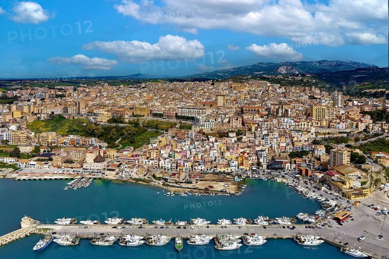 Aerial view, front harbor, fishing port, fishing boats, ships, back Sciacca, picturesque, port town, thermal spa, Agrigento Free Community Consortium, Sicily region, Italy, Mediterranean