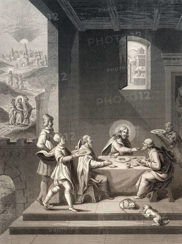 The road to Emmaus appearance, New Testament, steel engraving 1853, digitally restored