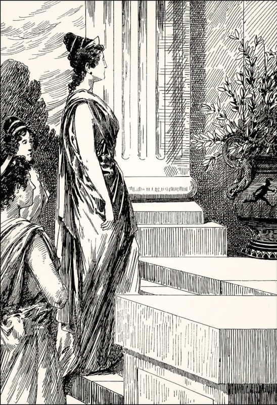 Helen's arrival at the palace of Menelaus in Sparta, third act, Faust II, Johann Wolfgang von Goethe