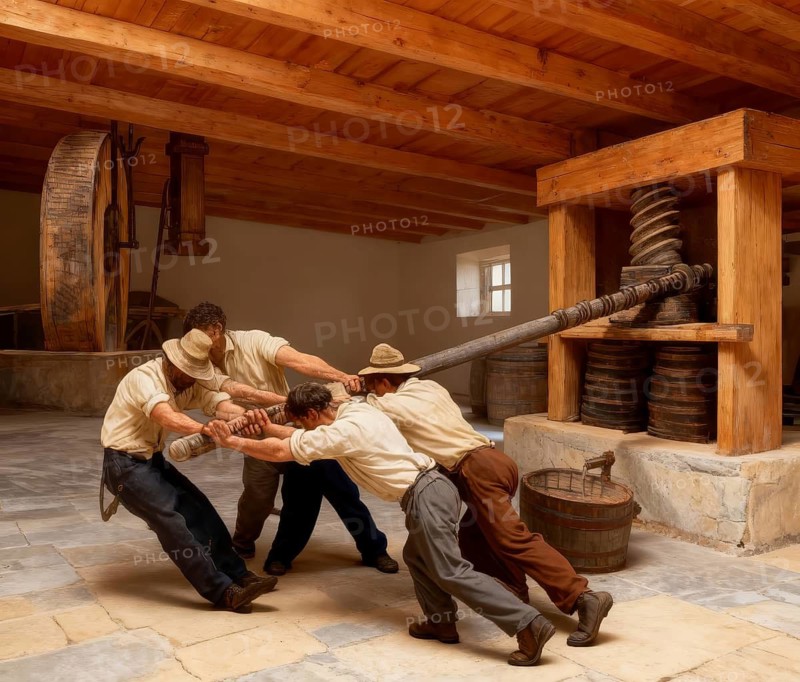 Four men using a mechanical vertical screw press to produce olive oil, southern France, Provence, 19th Century