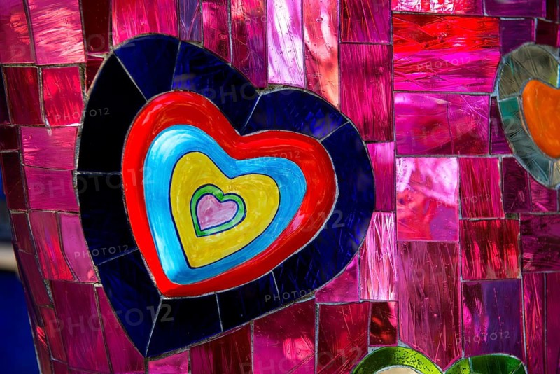 Colourful hearts made of glass and mirrors, Giardino dei Tarot, by Niki de Saint Phalle, near Capalbio, Grosseto Province, Tuscany, Italy