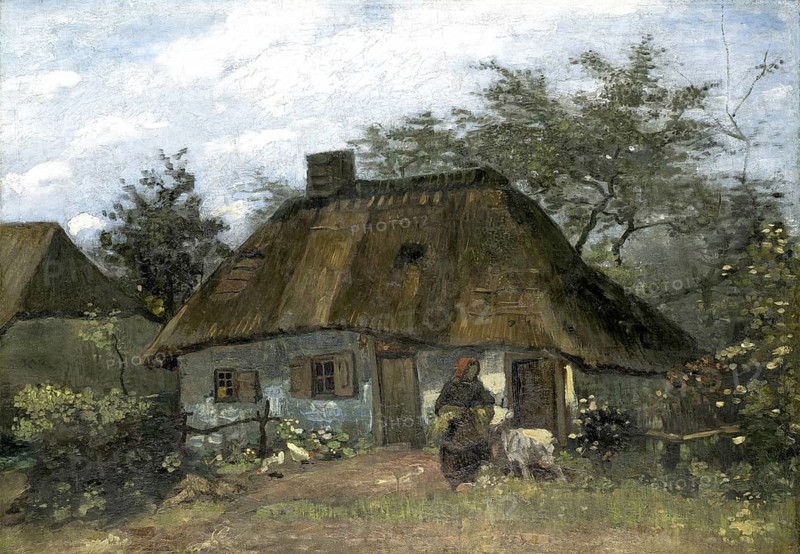 Farmhouse in Nuenen (1885), Farmhouse in Nuenen (1885), Painting by Vincent Willem van Gogh (born 30 March 1853 in Groot-Zundert, died 29 July 1890 in Auvers-sur-Oise), Dutch painter and draughtsman, one of the founders of modern painting, Illustration, Reproduction from a painting. Authentic, exact date of original unknown, Historical, Idyllic farmhouse with thatched roof surrounded by trees and a country road