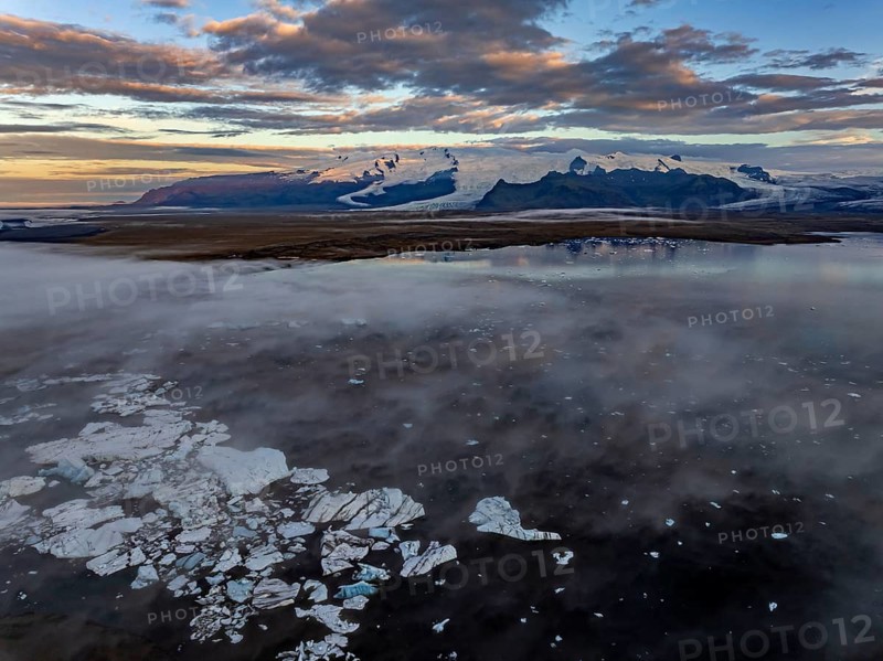 Ice floes, glacier, glacier tongue, fog, clouds, morning mood, mountains, reflection, aerial view, summer, glacier lagoon, Jökulsarlon, Vatnajökull, Iceland