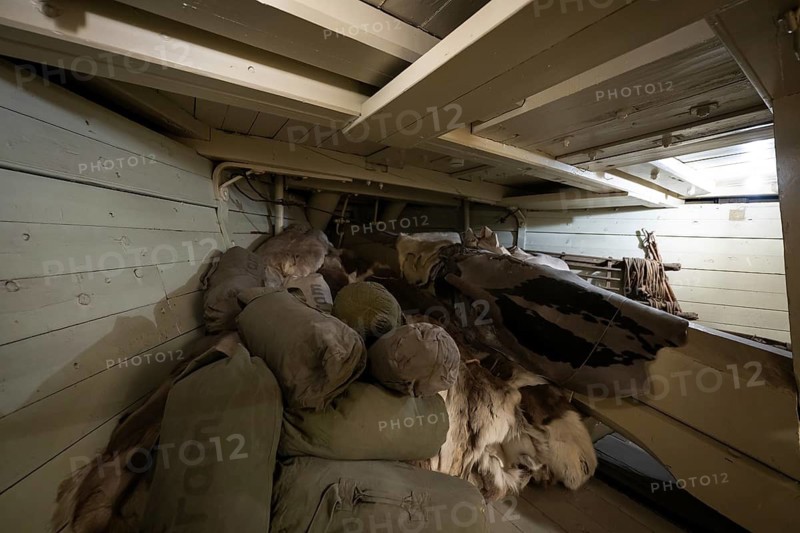 Seal skins, equipment, below deck, historic polar research ship Fram, wooden ship, by Fridtjof Nansen and Roald Amundsen, Fram Museum, Fram Museum (Museum of Polar Expeditions), Bygdøy Museum Island, Oslo, Norway