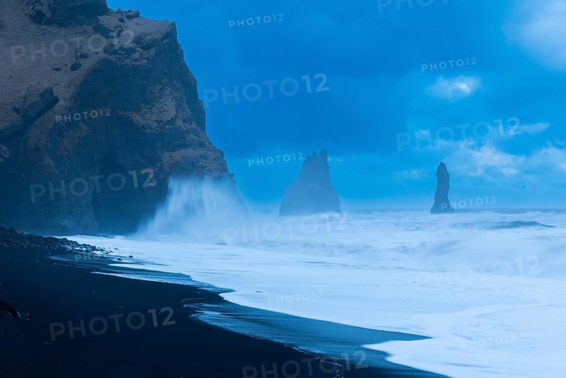 Reynisdrangar pinnacles, lava sandy beach, lava rocks, sea, waves, surf, blue hour, Vik, Iceland, Scandinavia