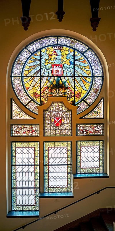 Stained glass window in the main staircase with the town coat of arms by Ferdinand Müller in Quedlinburg Town Hall, Saxony-Anhalt, Germany