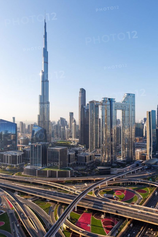 Burj Khalifa tallest building in the world from above in Downtown Dubai, United Arab Emirates