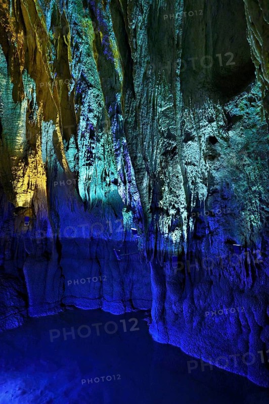Stalactites illuminated by coloured LED light, stalactite cave, Höllgrotten, Baar, Canton Zug, Switzerland