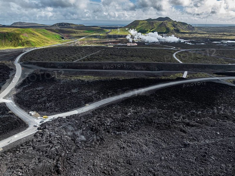 Lava, lava field, road, destroyed, summer, cloudy, sunny, aerial view, Blue Lagoon, Sundhnúkur crater series, Fagradalsfjall, Reykjanes, Iceland