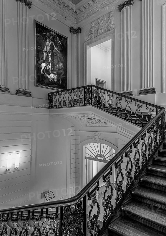 Black and white photograph, staircase in the Old Palace, Charlottenburg Palace, Berlin, Germany