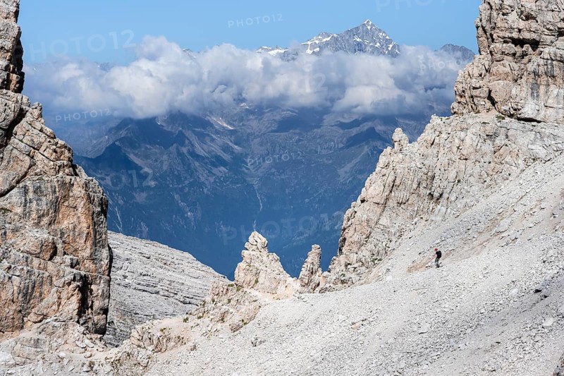 Three mountaineers in the mountains, Via Ferrate Benini Via Ferrate, Brenta Mountains, Brenta-Adamello Natural Park, Trentino, Italy