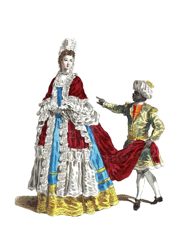 Historical clothing, fashion over time, clothing of the Marquise of Belfont, daughter of the Duke of Mazarin, in 1700, digitally restored reproduction of a model from the 18th/19th century, exact date unknown, Baroque lady and servant, lady in elaborate, multi-coloured robe